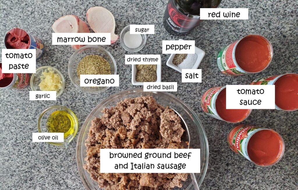 ingredients measured and labeled individually for spaghetti and meatballs.