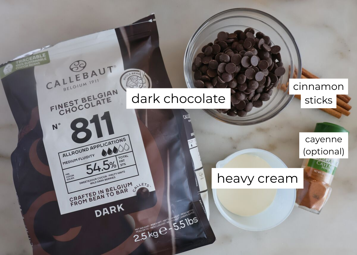 chocolate ganache ingredients measured out and labeled.