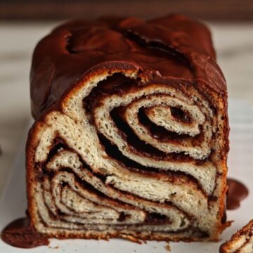inside view of chocolate babka swirls.
