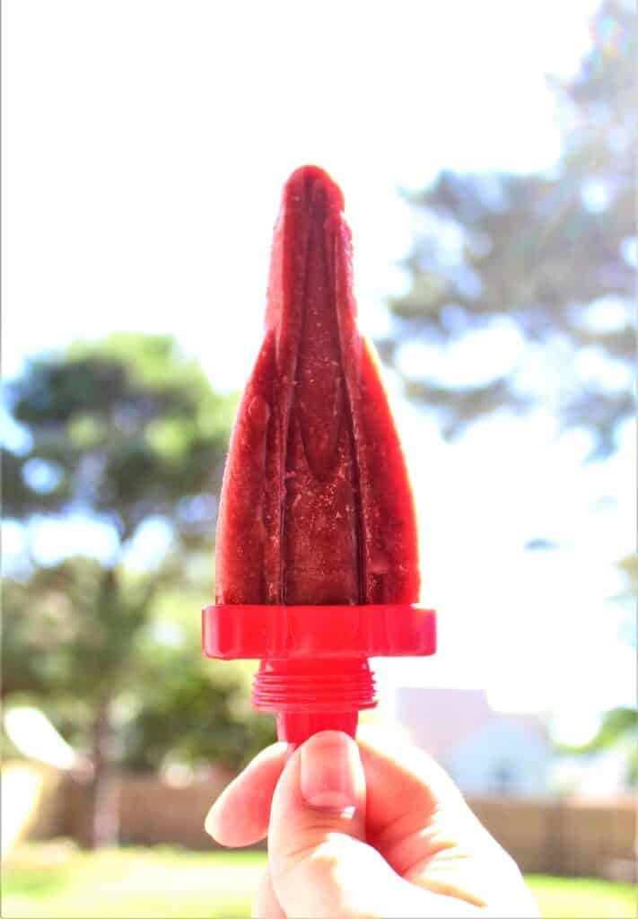strawberry balsamic popsicle with blurred trees in the background