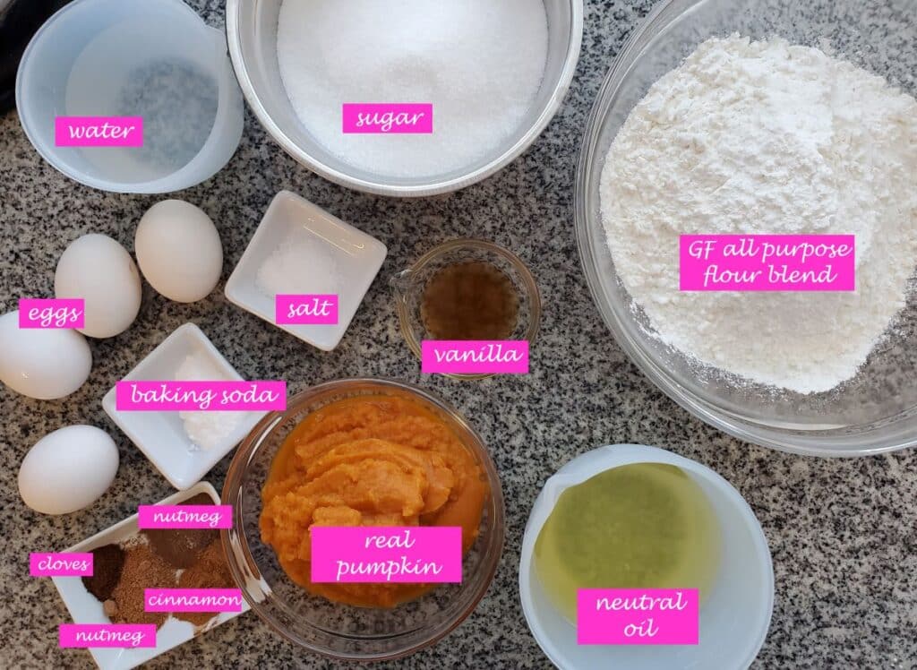 picture of all ingredients needed to make pumpkin bread with labels.