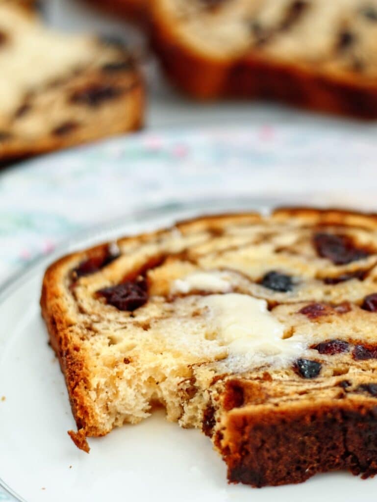 slice of gf cinnamon raisin bread toasted with melting butter on top and bite taken out of it.