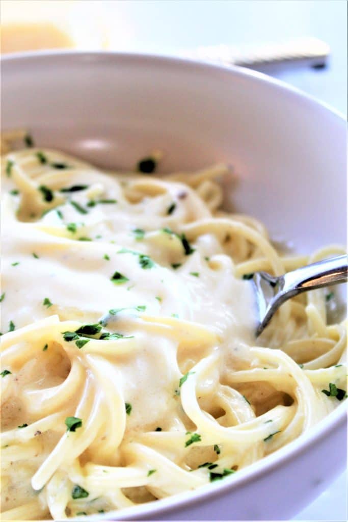 side view of plate of spaghetti with alfredo sauce