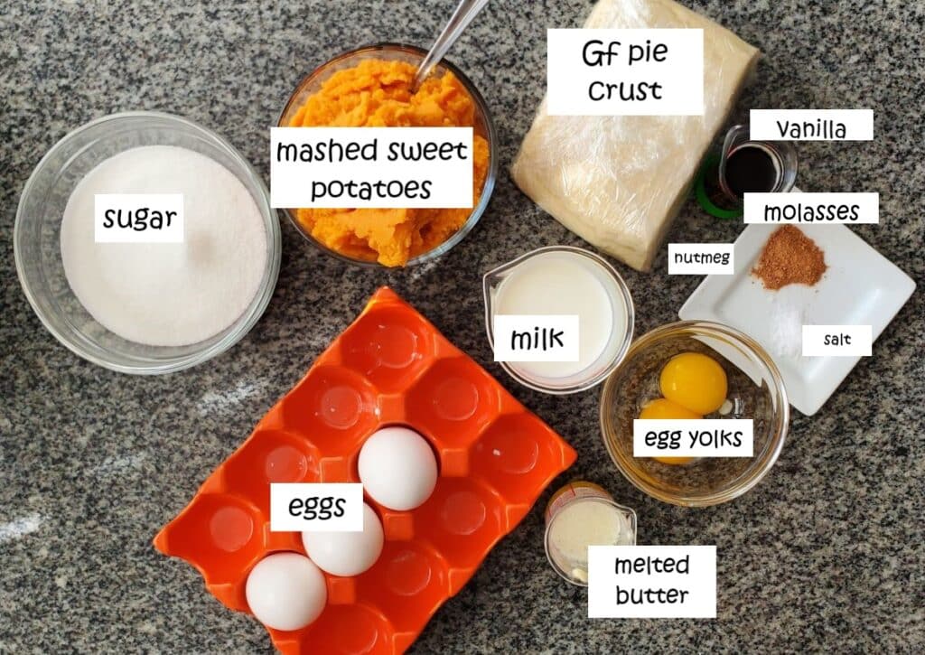 sweet potato pie crust and filling ingredients measured out and labeled.