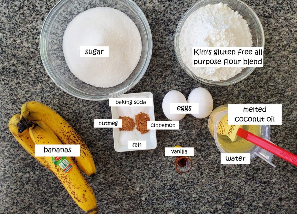 ingredients for banana bread measured out and labeled.  