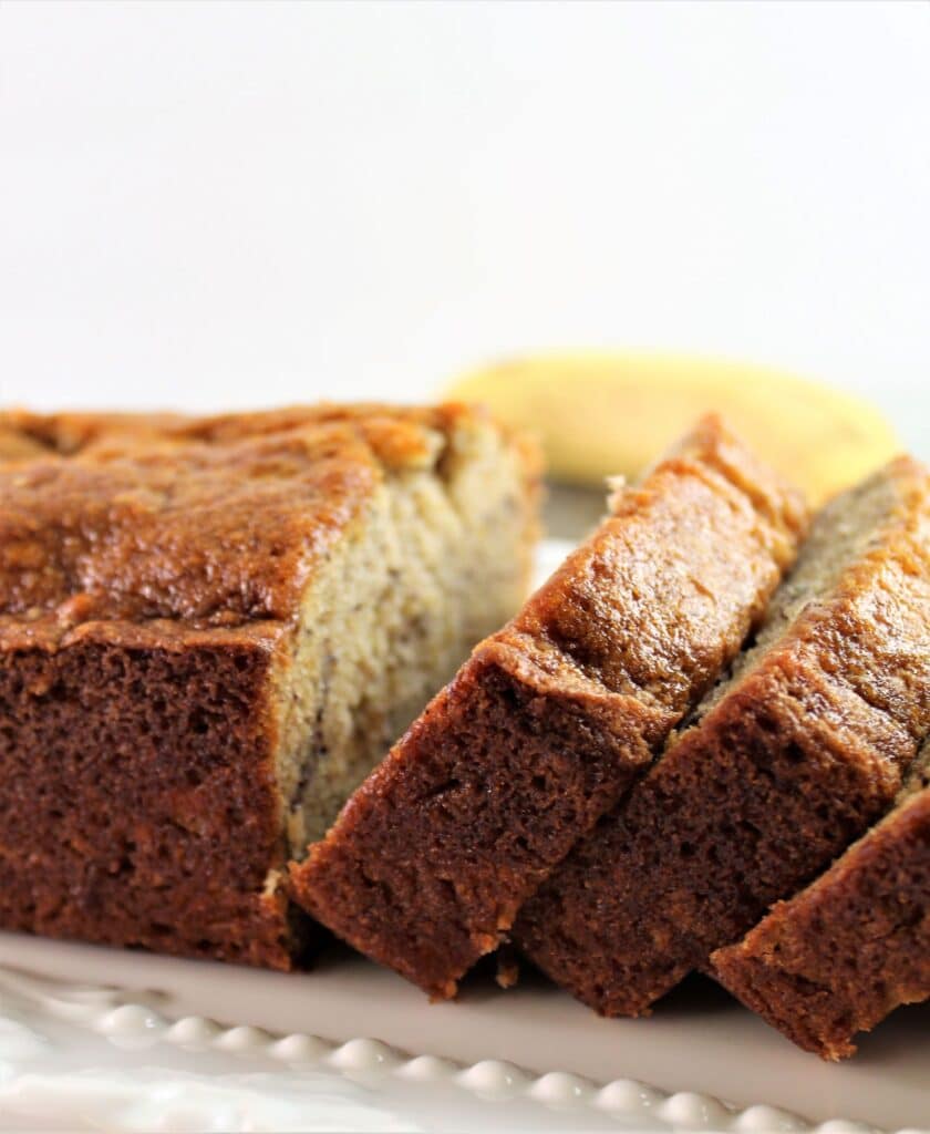 gluten free banana bread sliced on platter