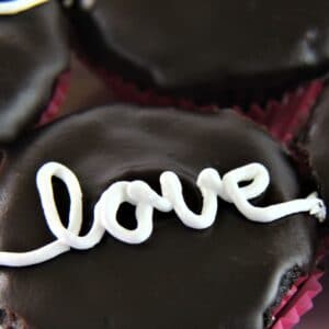 gluten free hostess cupcakes with love written on the top