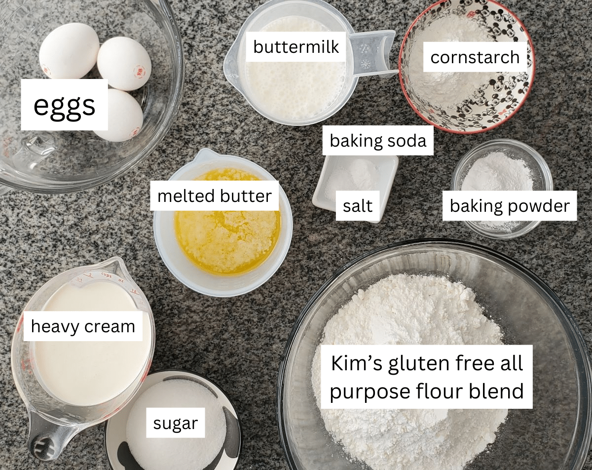 ingredients for waffles measured out and labeled.