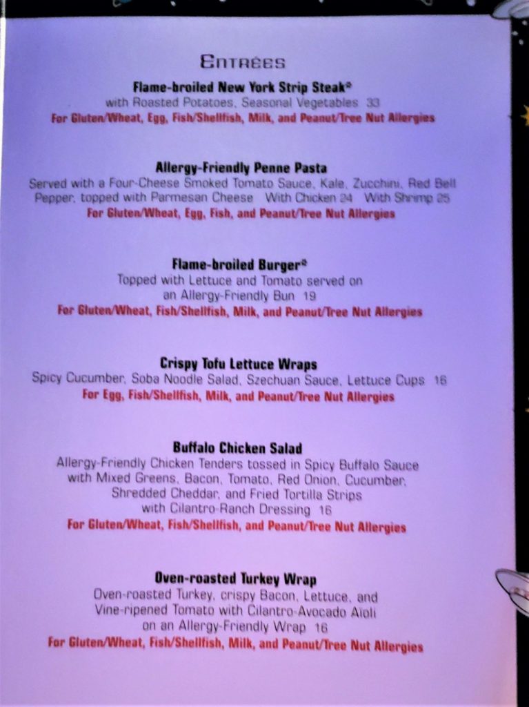 sci-fi dine-in entree allergy menu