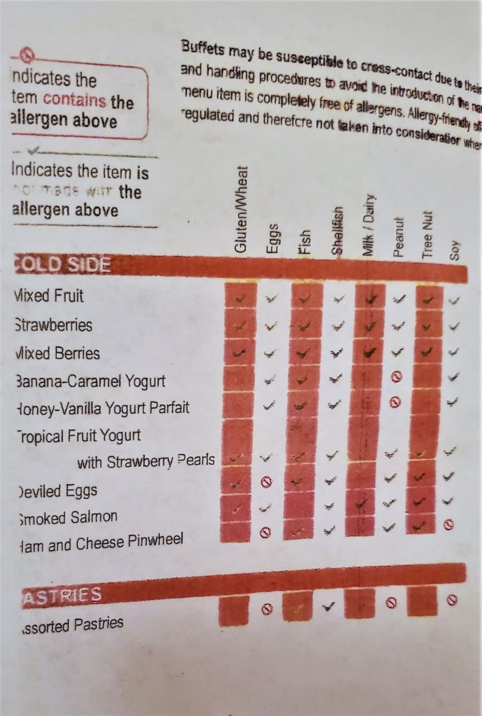 page one of allergy buffet menu at the wave