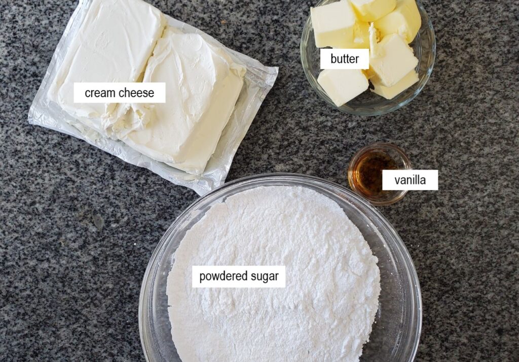 brown butter cream cheese frosting ingredients measured out and labeled.
