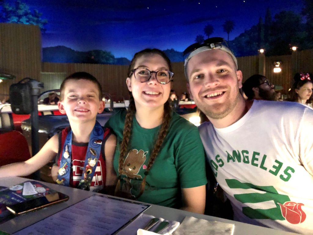 chase, sissy, and jimmy at sci-fi dine-in theater