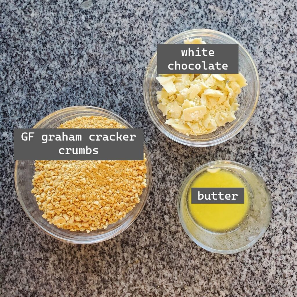 crust ingredients measured out and labeled in individual bowls.