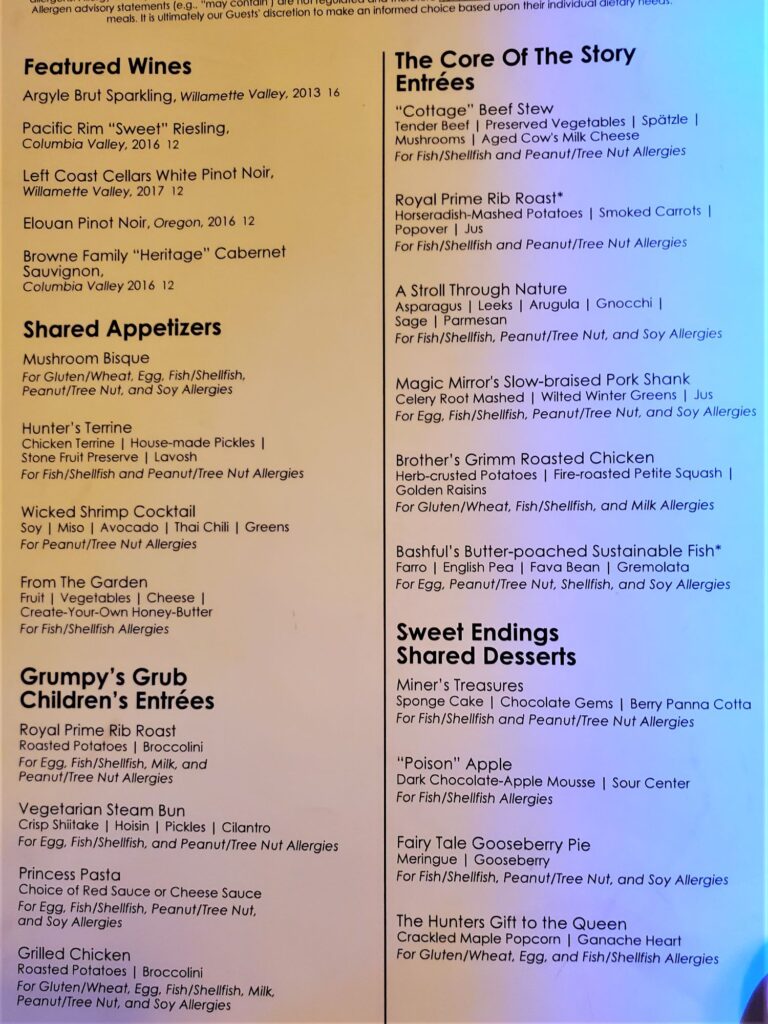 storybook dining's allergy menu