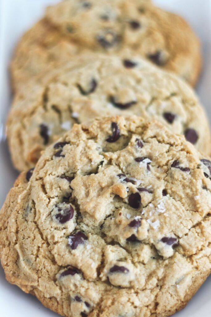 large chocolate chip cookies leaning against each other on rectangular plate