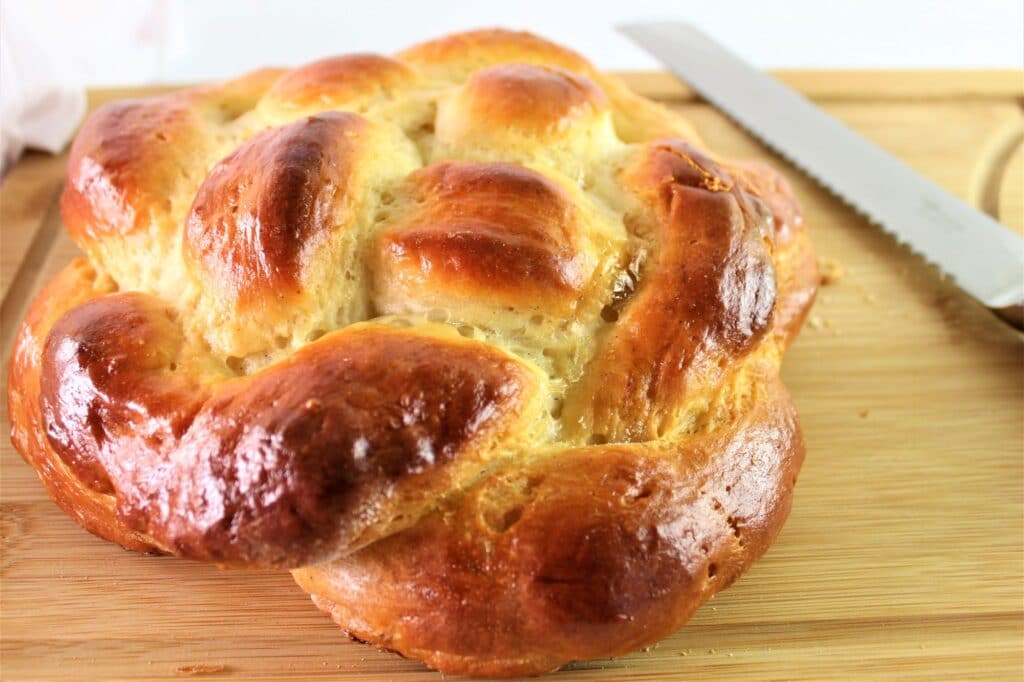 baked loaf of gluten free round challah bread