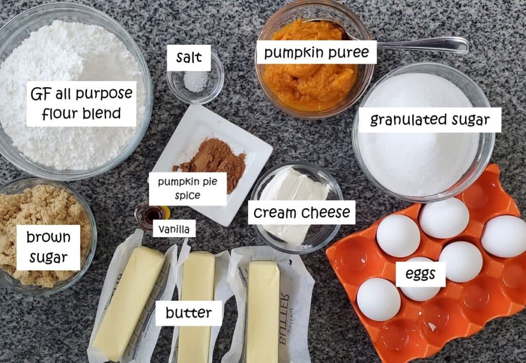 ingredients for pumpkin bundt cake labeled and measured out.