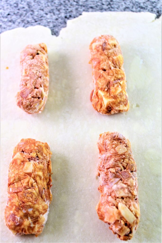 lined up filling blocks on puff pastry