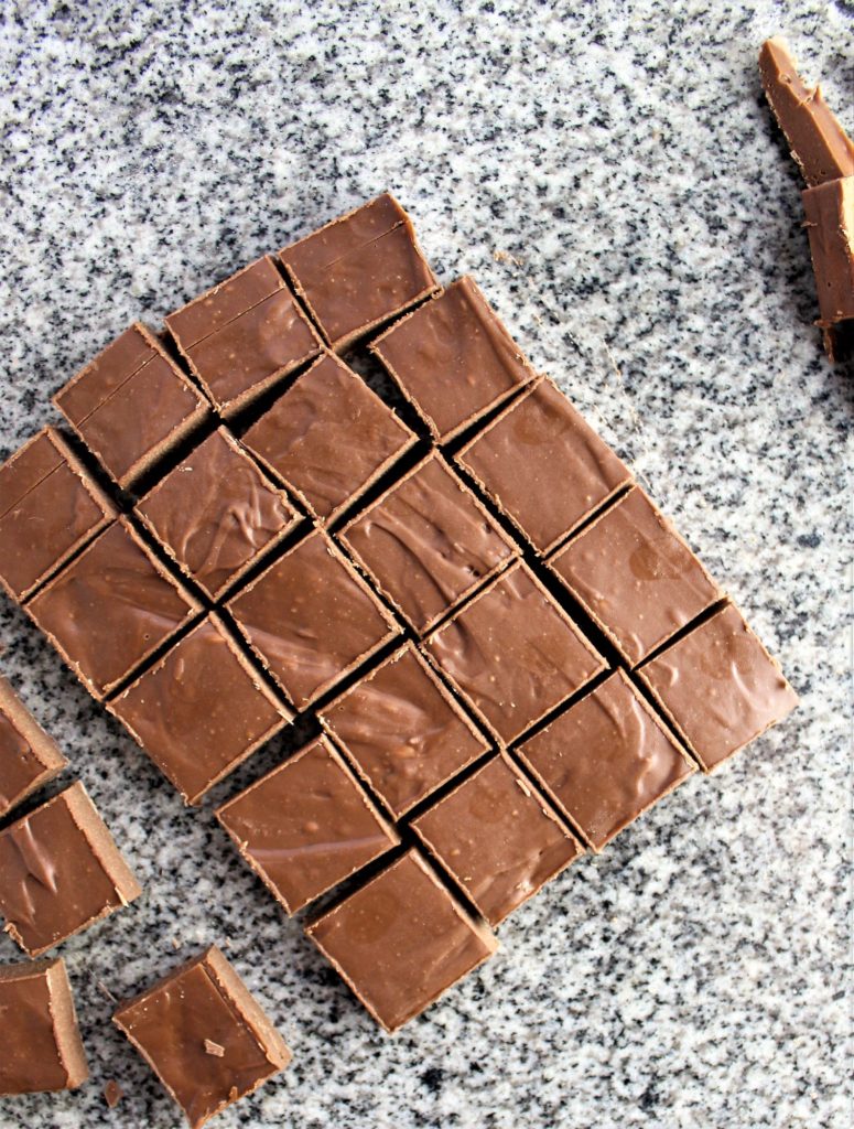 smaller squares cut from larger square of ganache