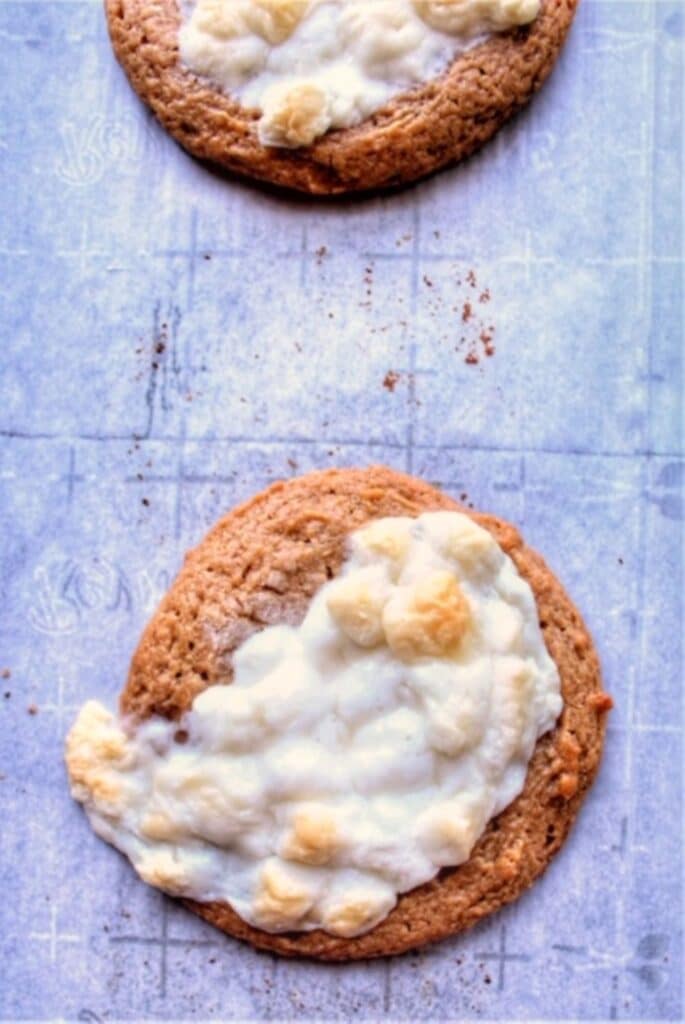 flourless fluffernutter cookies on parchment lined baking sheet