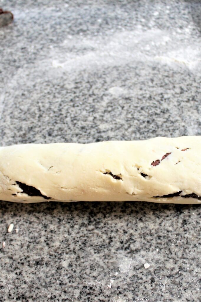rolled up cookie dough with fudge filling