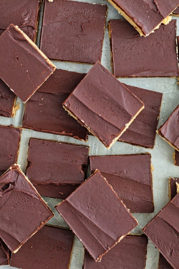 overhead shot of cut up peanut butter bars.