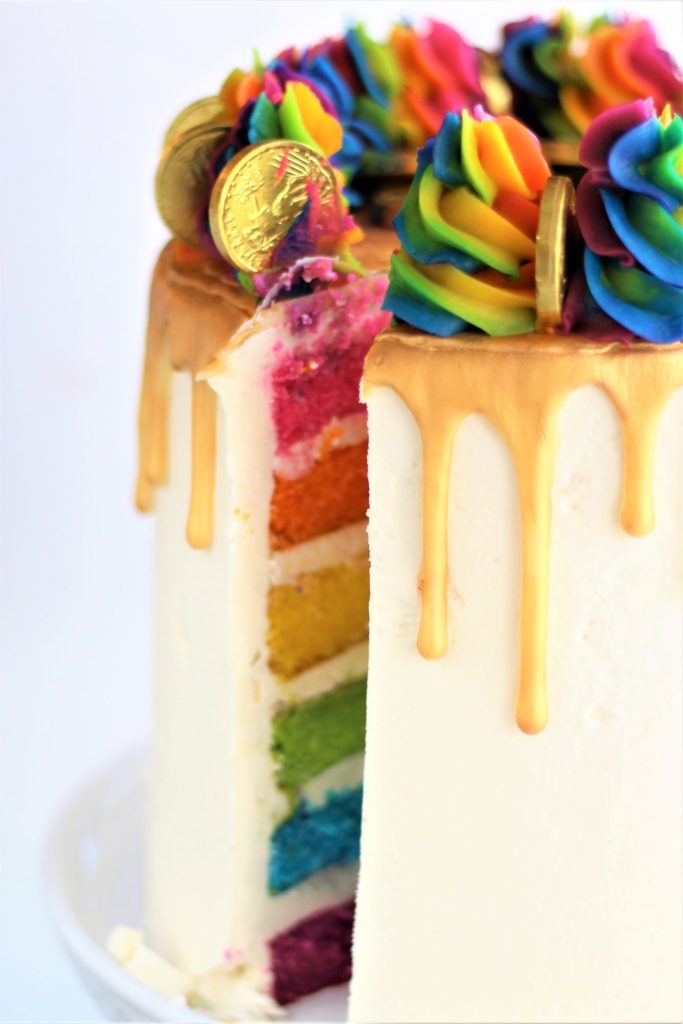 gluten free rainbow cake showing inside of cake