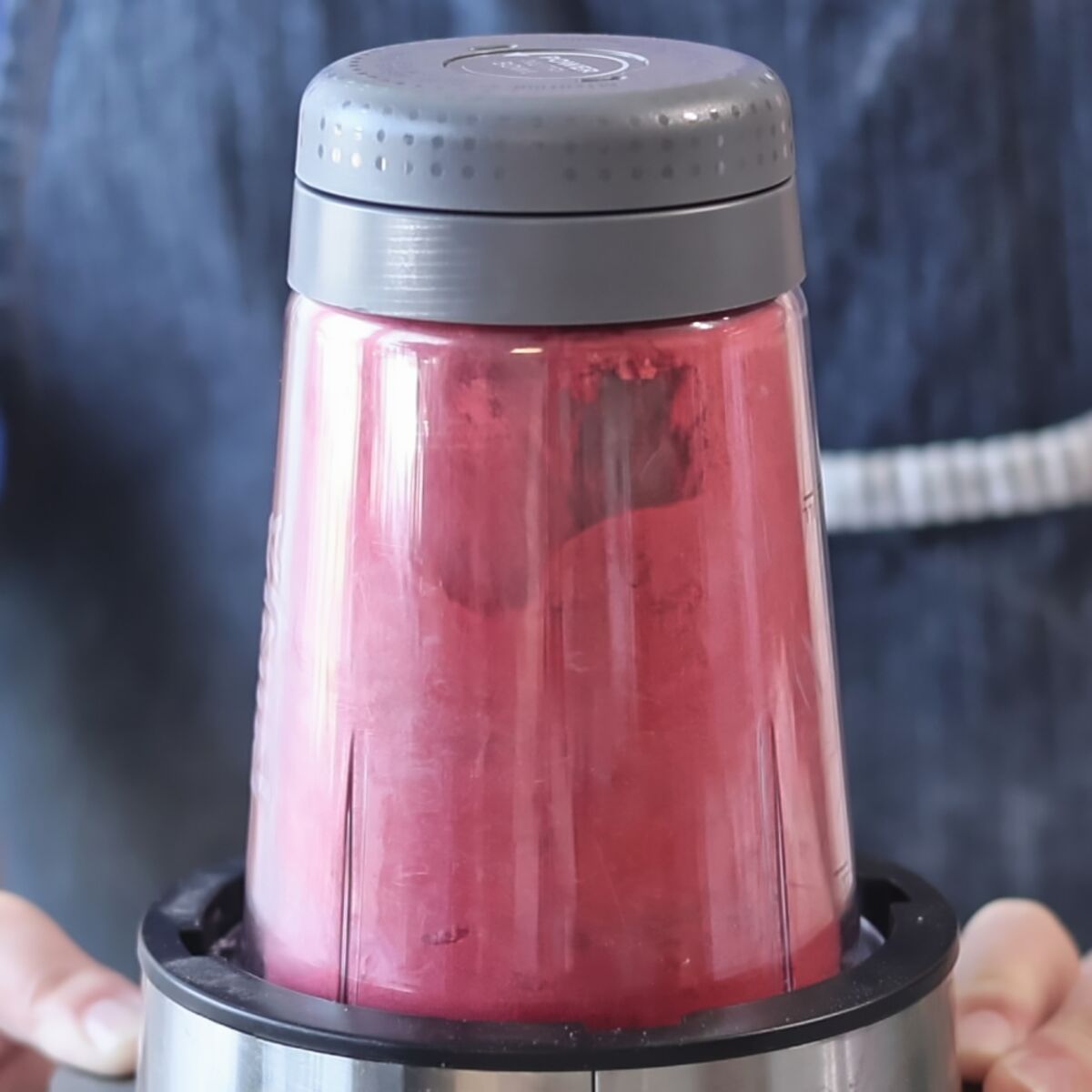 dried strawberries turning into powder in blender.