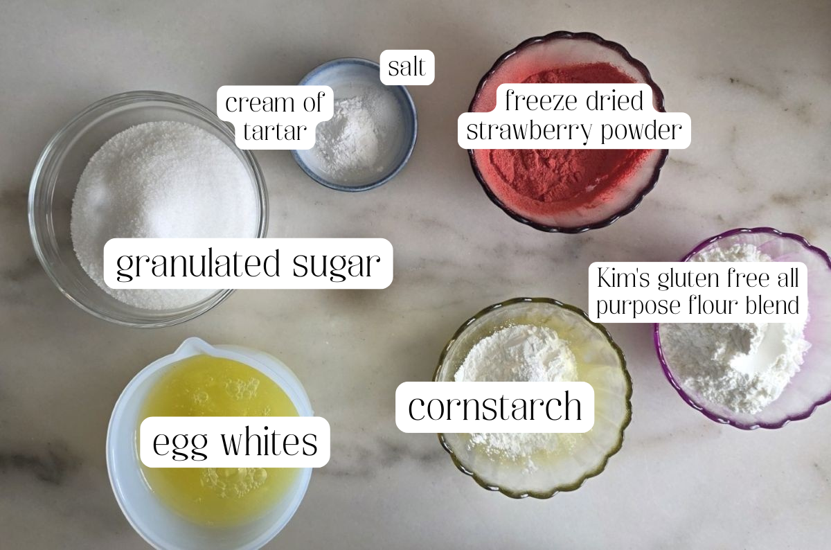 strawberry angel food cake ingredients measured out and labeled.
