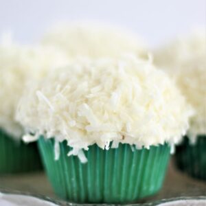 gluten free coconut cupcakes in green cupcake wrappers