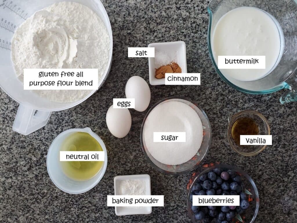 ingredients for muffin batter measured out and labeled.