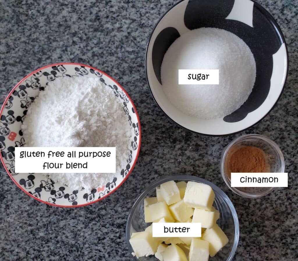 ingredients for streusel topping measured out and labeled.