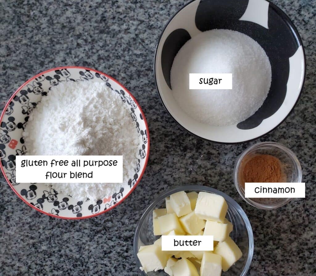 ingredients for streusel topping measured out and labeled.  