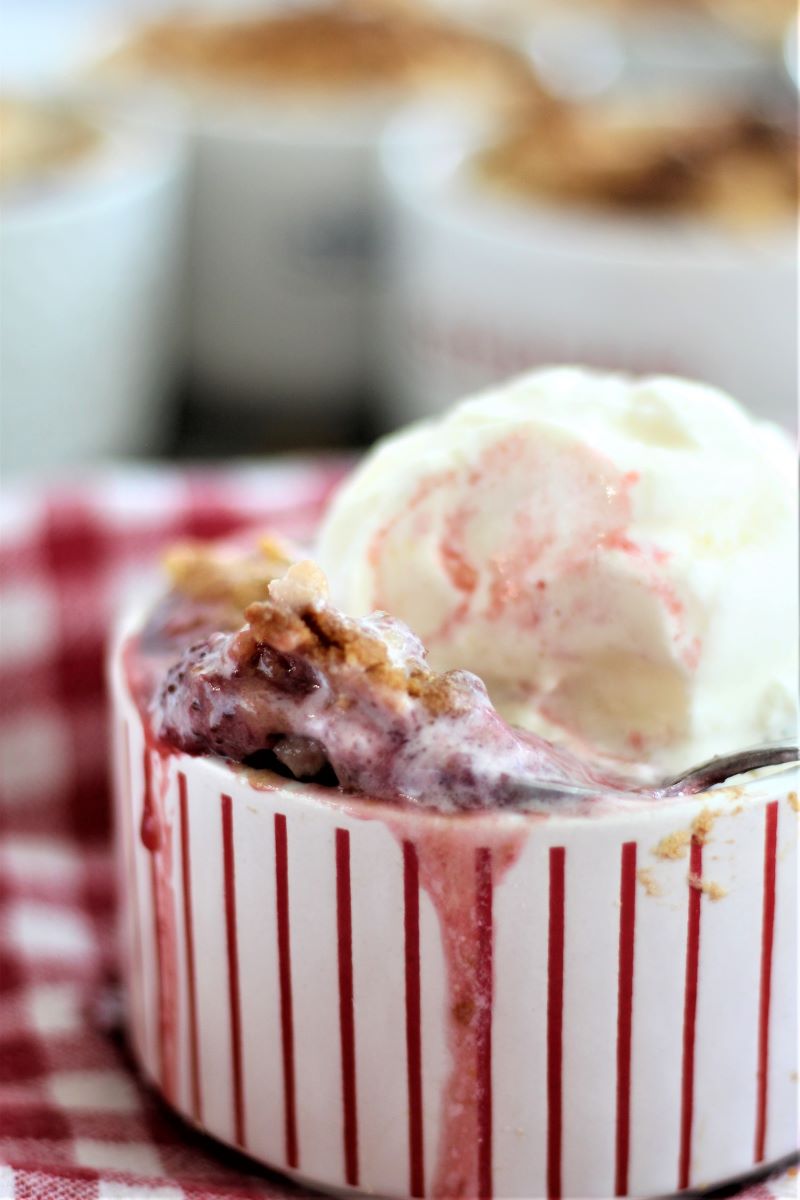individual berry crumble with vanilla ice cream scoop on top