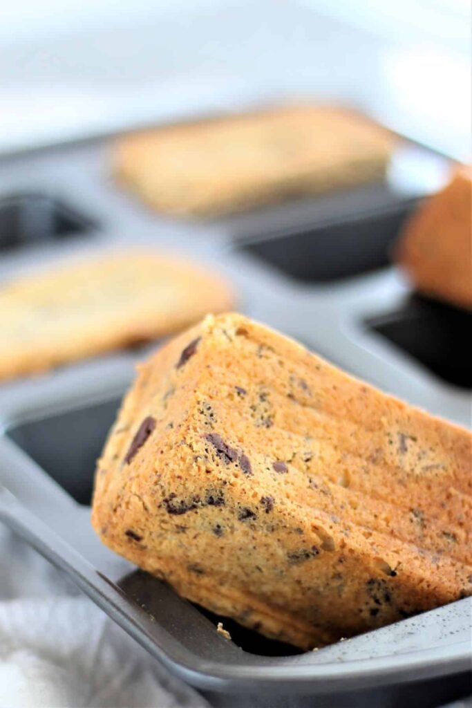 chocolate chunk cookie cakes in mini loaf pan.