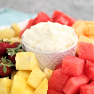 platter of fruit with fluffy marshmallow dip