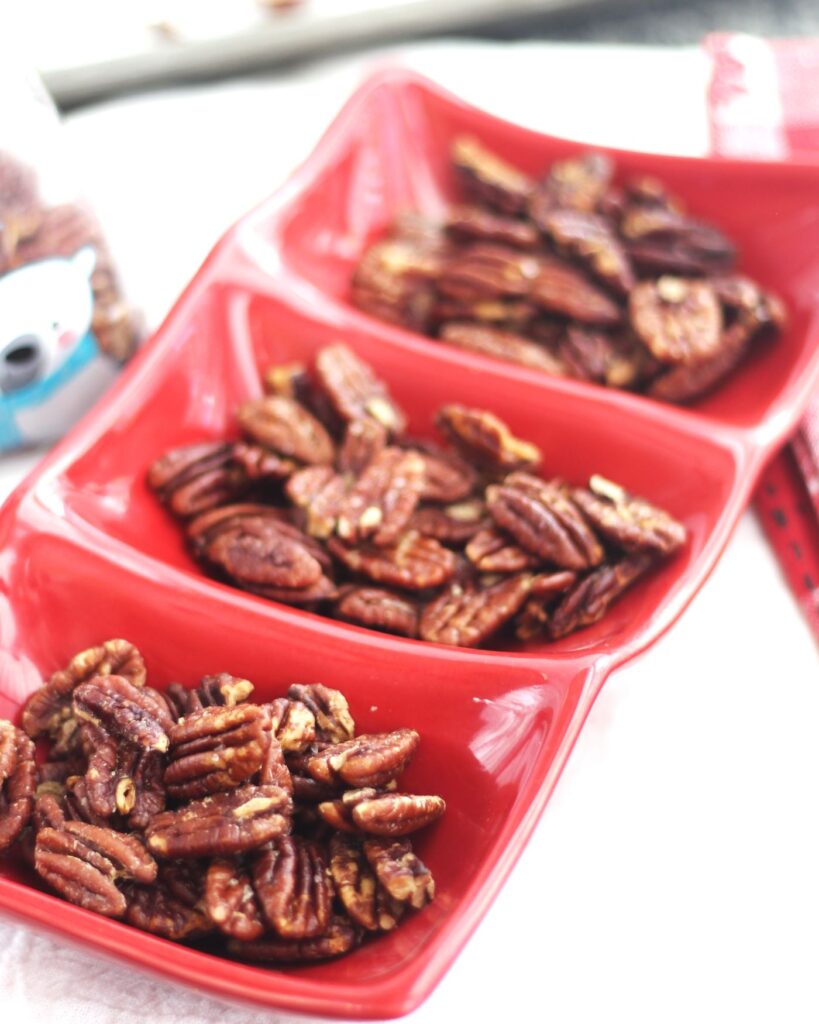 butter roasted pecans in red snack tray