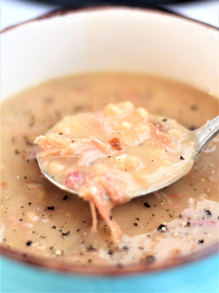 spoonful of navy bean soup in blue bowl with brown trim around edge