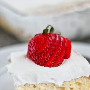 gluten free tres leches cake on white plate