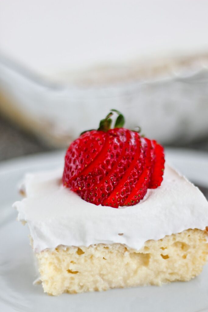 gluten free tres leches cake on white plate