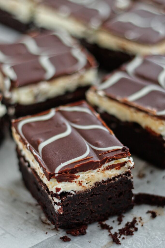 gluten free tuxedo brownies on parchment paper