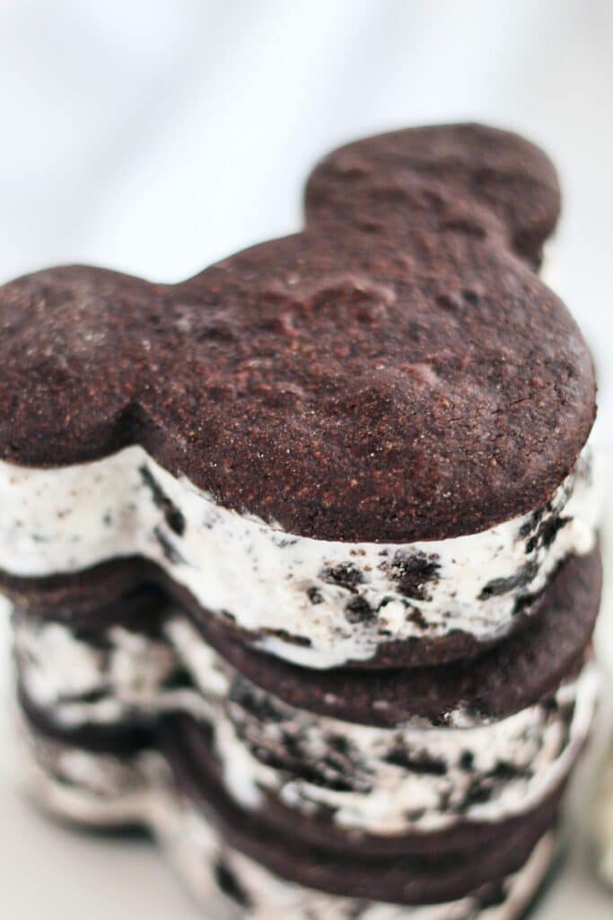 stack of three Mickey head gluten free cookies and cream sandwiches