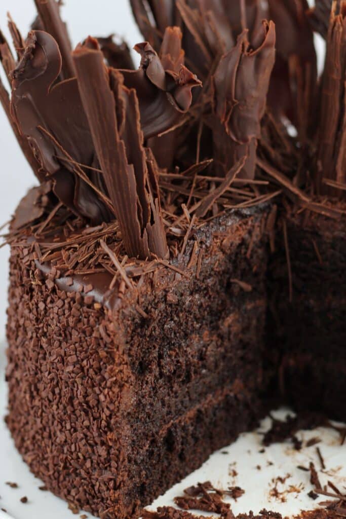 inside of whole gf chocolate cake showing layers.