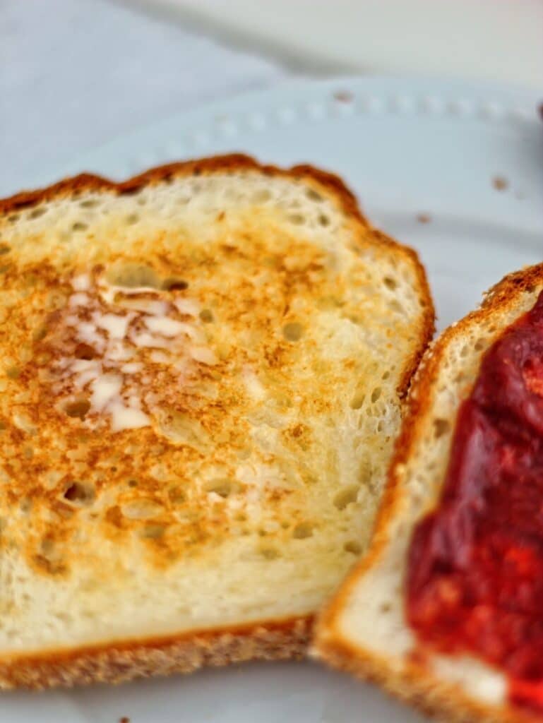 two slices of toasted bread on white plate.