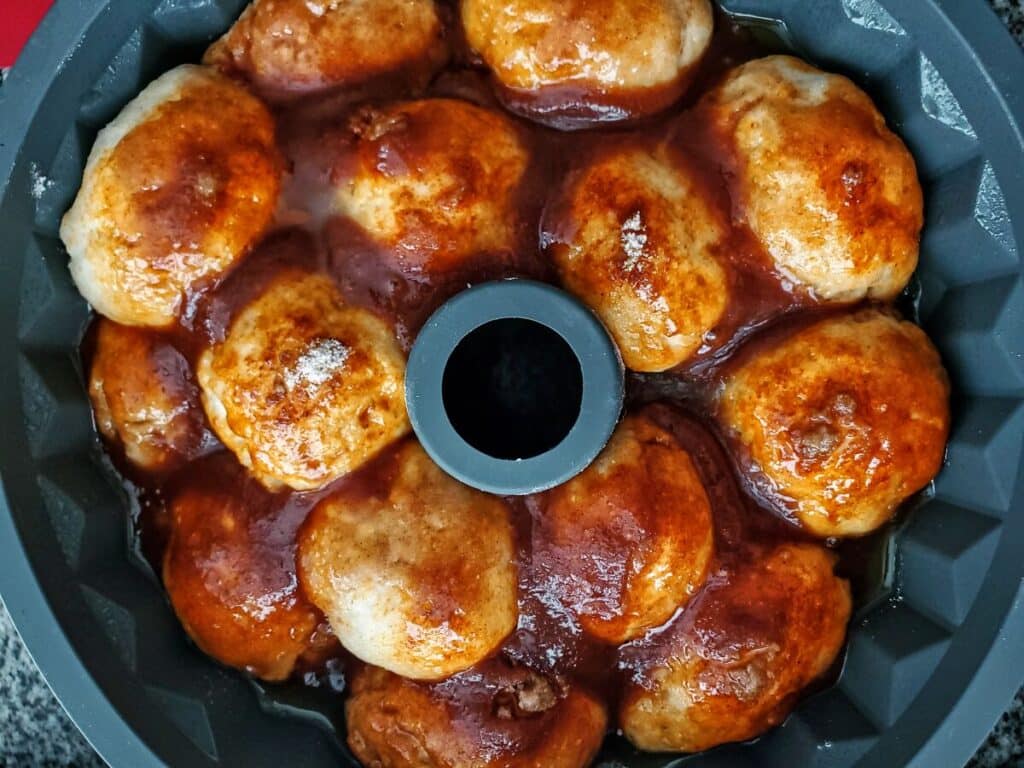 monkey bread after it's risen in the bundt pan and is ready to bake.