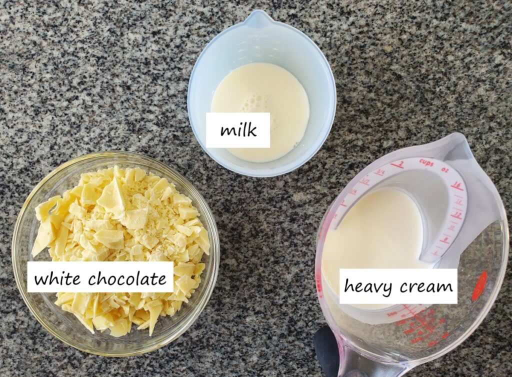 ingredients measured out and labeled for white sipping chocolate.