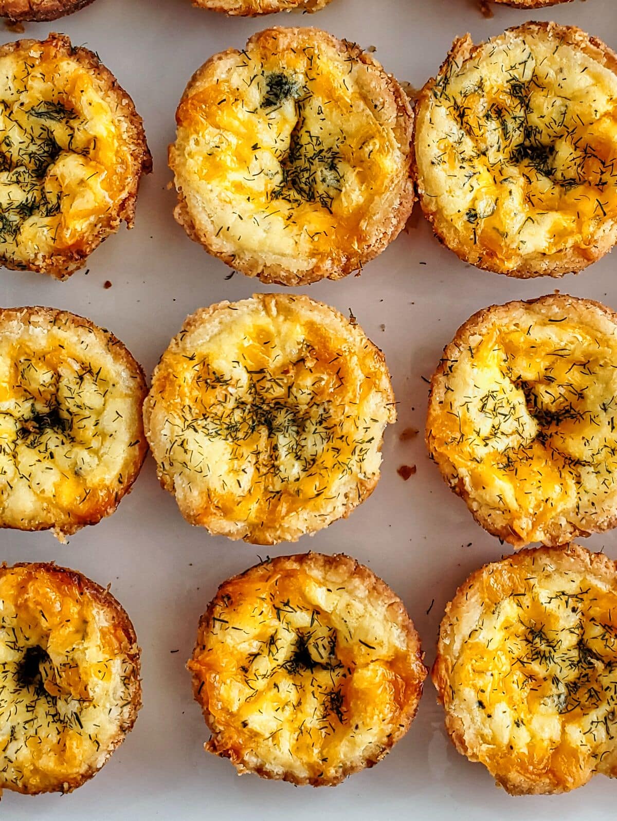 overhead shot of gluten free cheddar dill tartlets in rows on white plate.