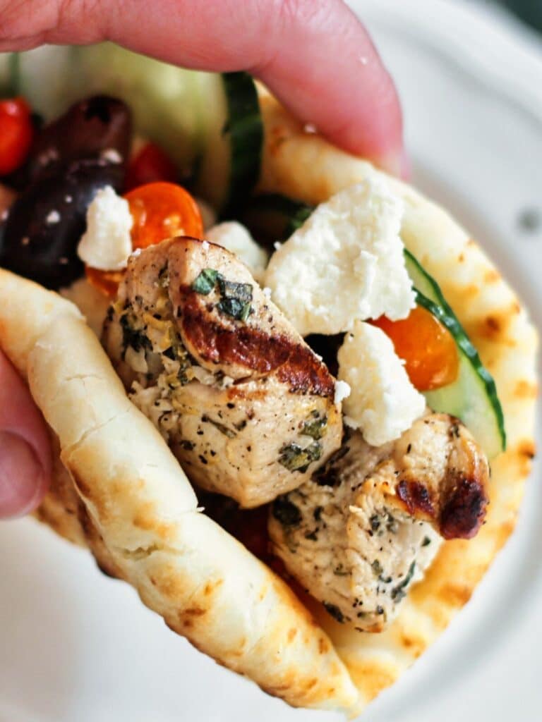 chicken souvlaki and fixins wrapped in a gluten free pita.