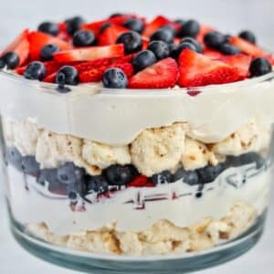 gluten free patriotic trifle in trifle bowl showing layers.