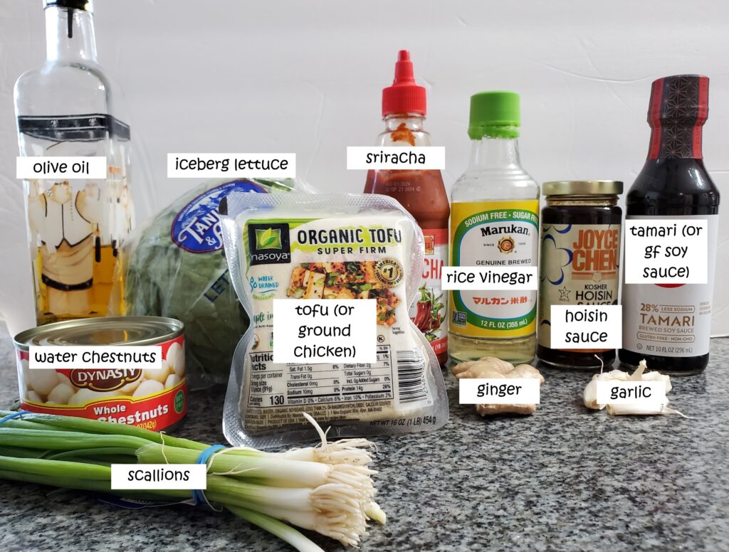 ingredients needed for lettuce wraps on granite countertop.